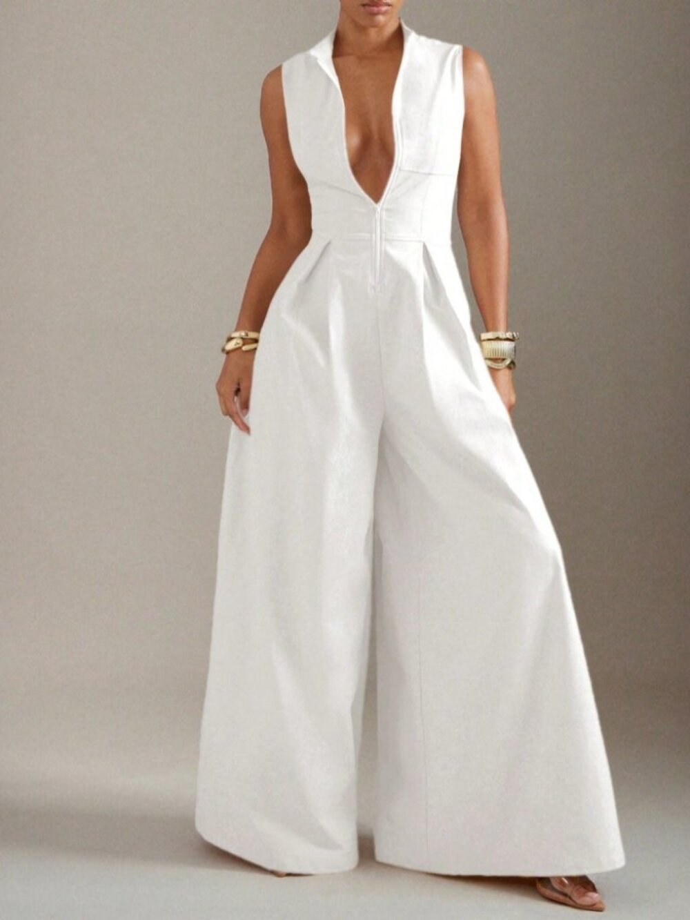 White Zip Front Wide Leg Jumpsuit with Stand Collar